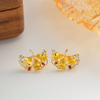 GINKGO LEAF EARRINGS ZIRCON GOLD