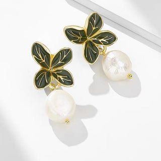 GREEN LEAF PEARL EARRINGS